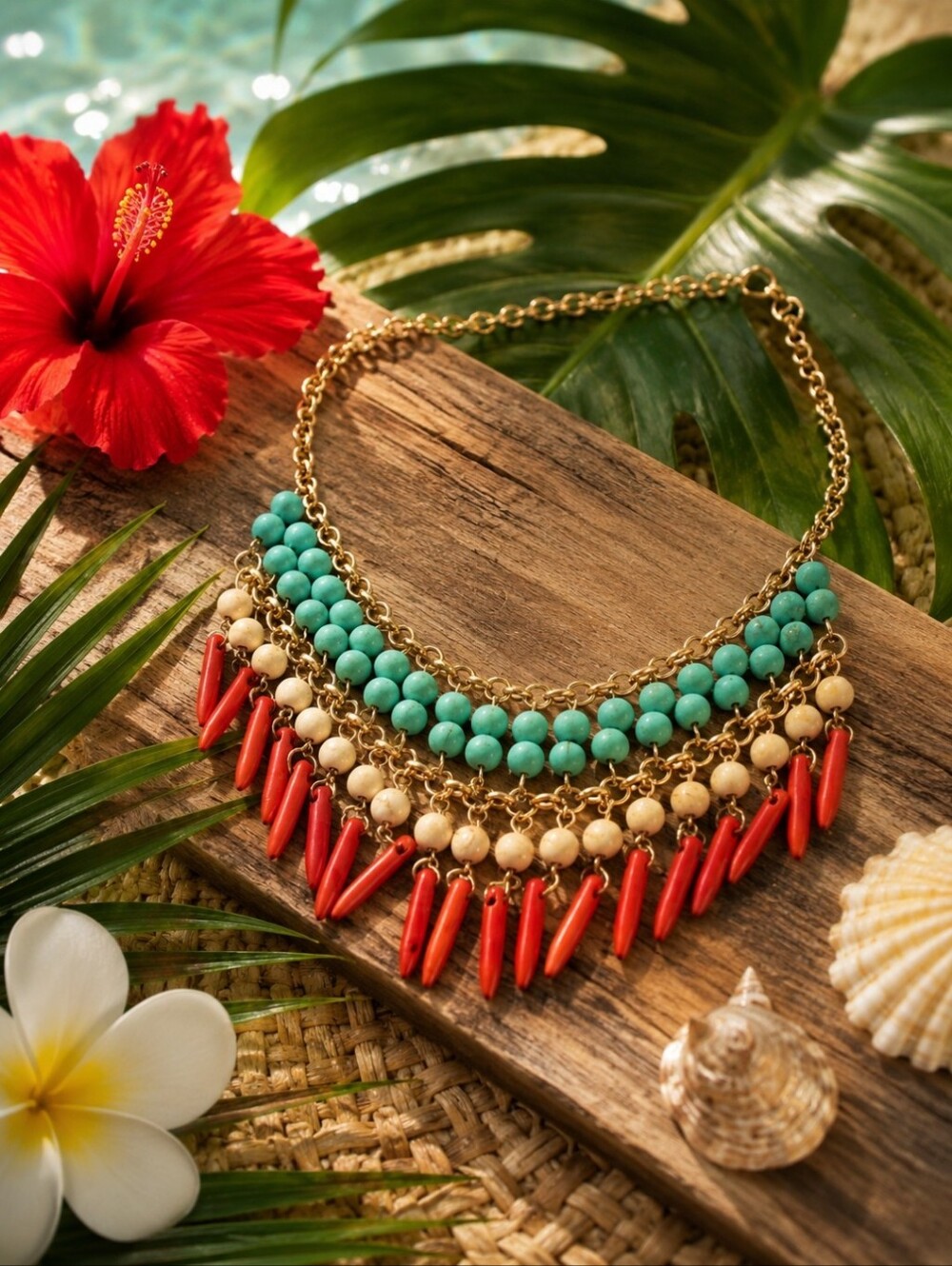 Multicolor Beaded Fringe Necklace - Turquoise, Cream & Red
